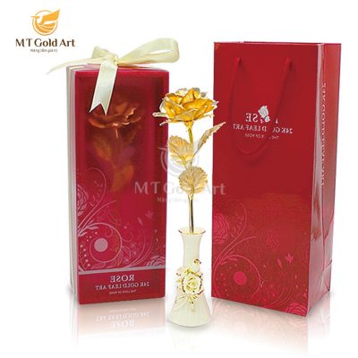 Cành hoa hồng dát vàng 25cm – Mẫu 1