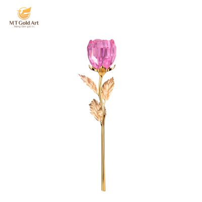 Cành hoa hồng pha lê dát vàng 25cm (màu hồng)