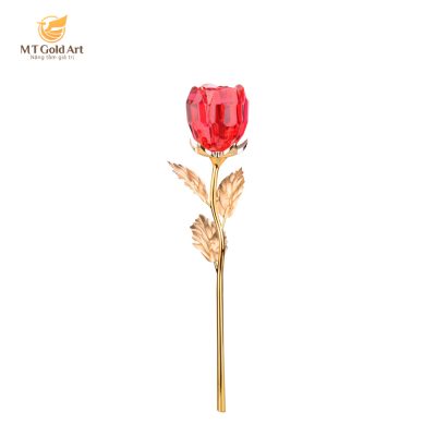 Cành hoa hồng pha lê dát vàng 25cm (màu đỏ)