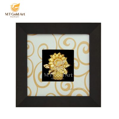 Tranh hoa hướng dương dát vàng nền sáng (13x13cm)